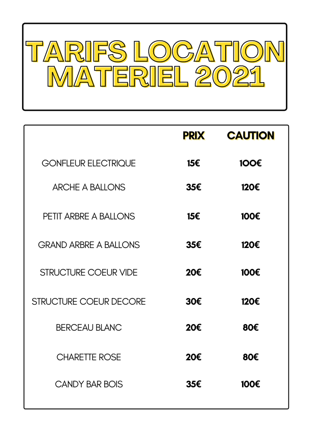 Tarifs location matériel Tarifs location matériel